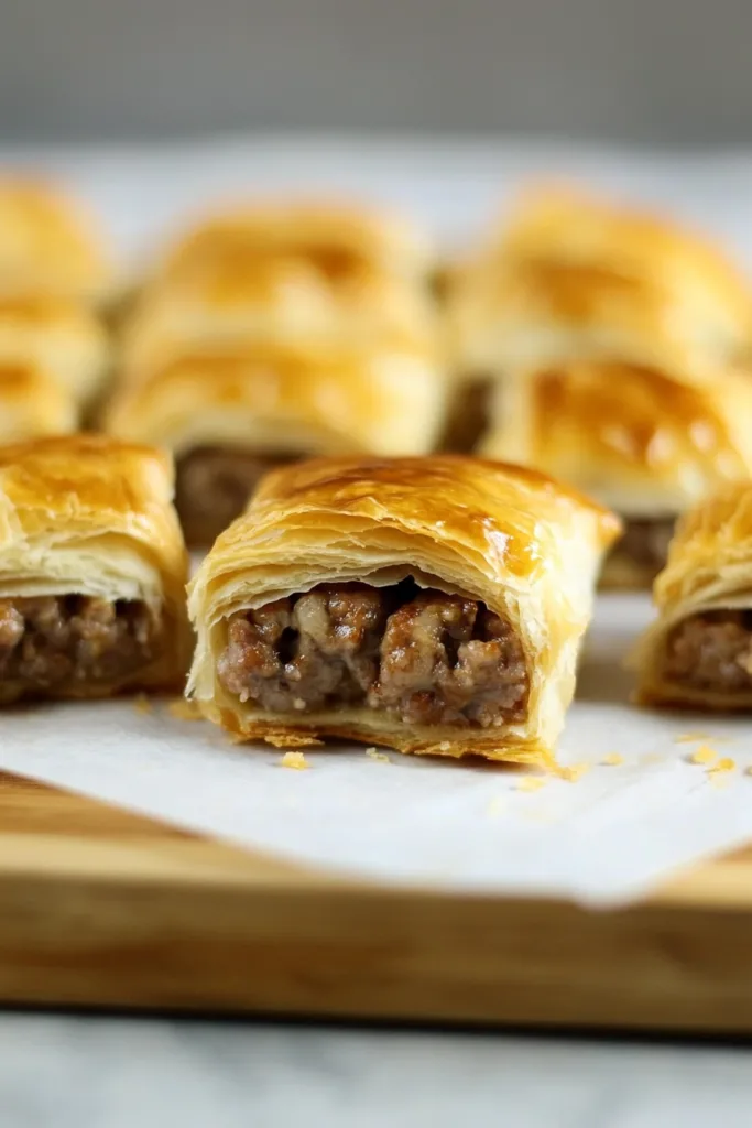 Batch of freshly baked pastries with browned crusts and visible sausage filling.