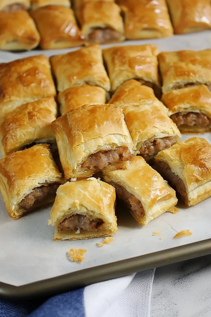 Golden puff pastry squares filled with savory sausage, arranged neatly on a serving tray.