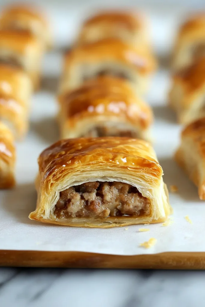 Close-up of flaky crescent bites showing crisp layers and seasoned meat inside.