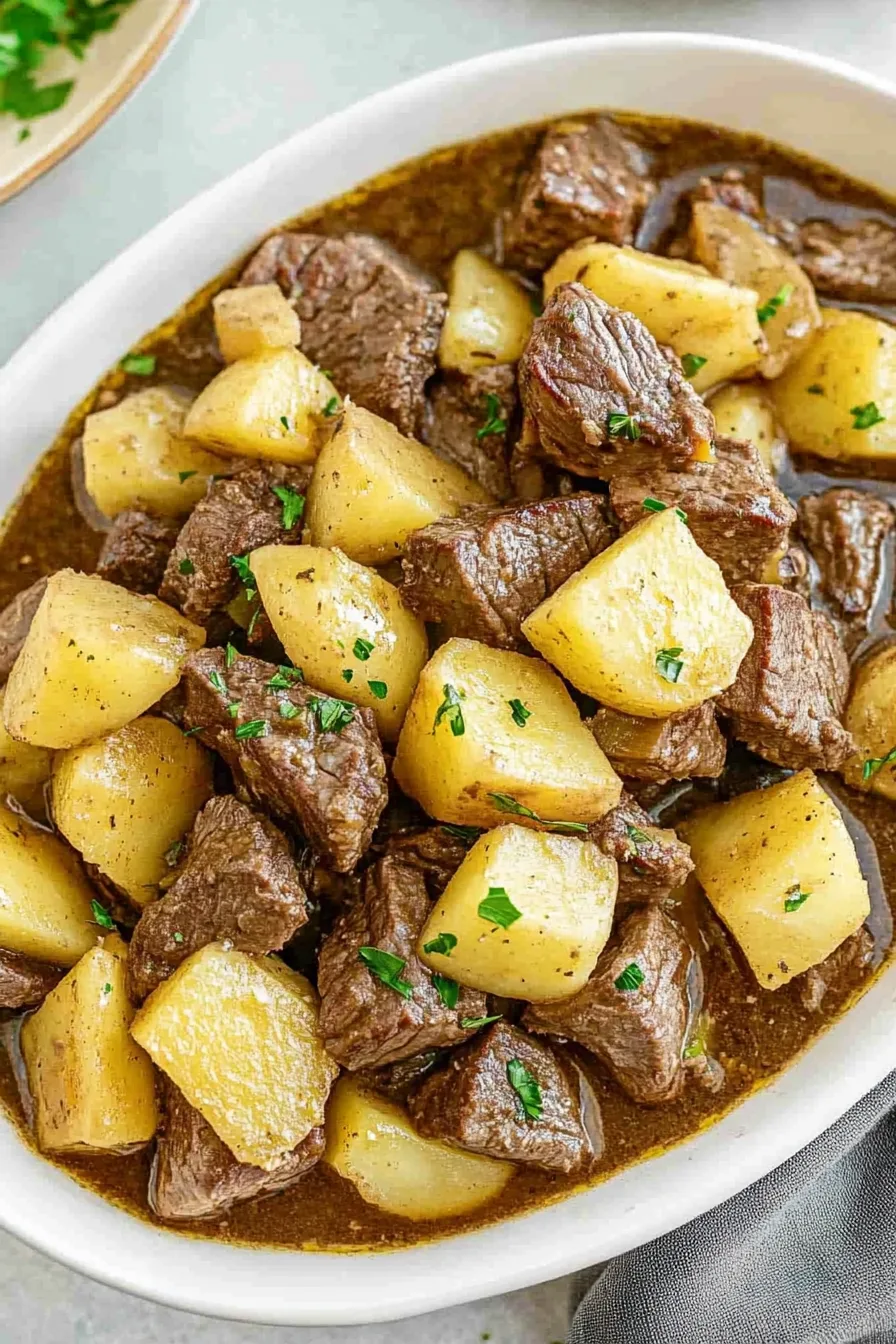 Stew-like dish highlighting juicy meat, golden potatoes, and glossy gravy.
