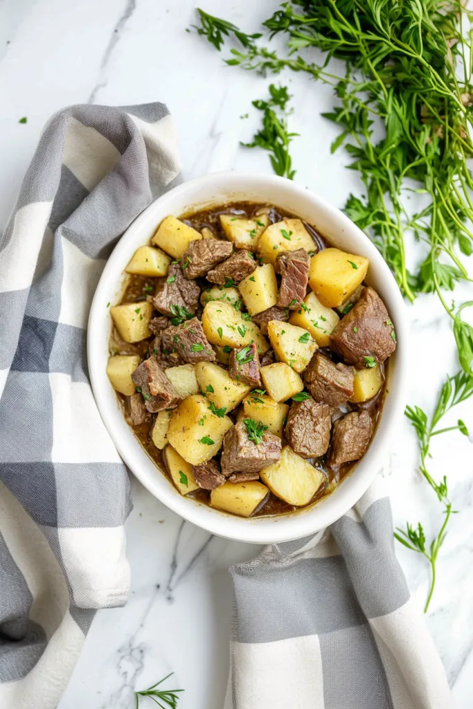 Rustic comfort food presentation with beef, potatoes, and savory sauce.