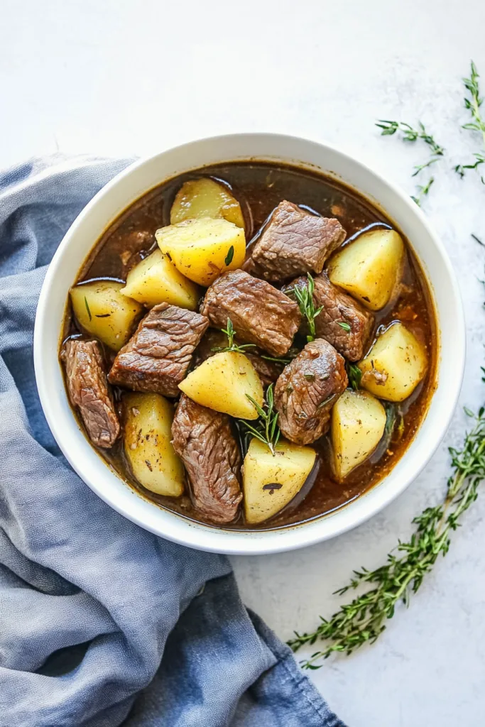 Tender beef chunks and soft potatoes coated in rich brown gravy.