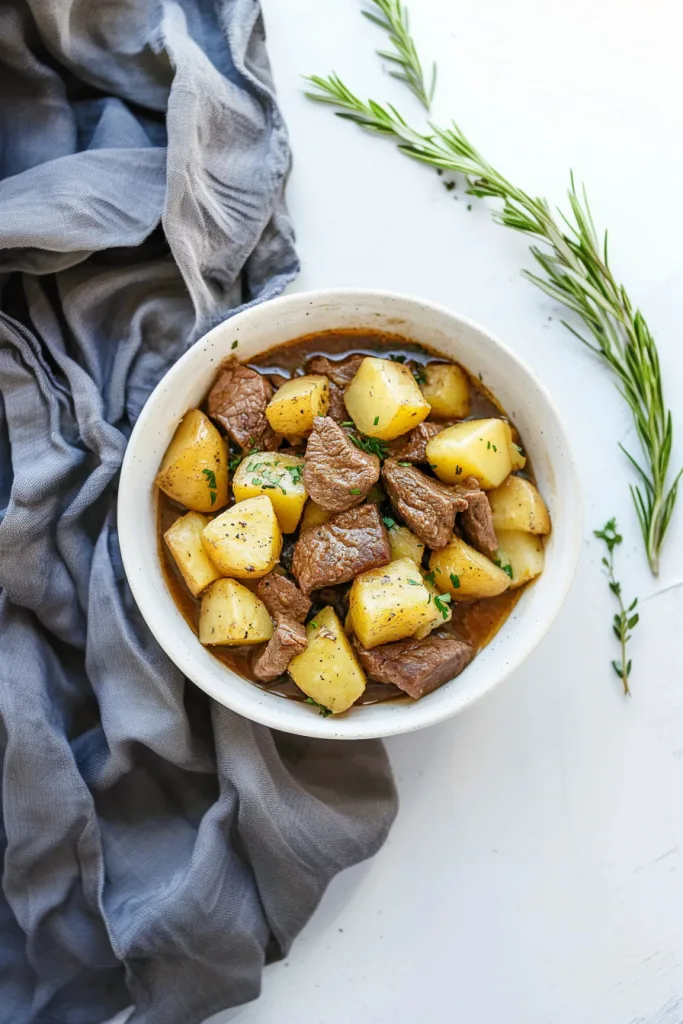 Final serving in a white bowl showing saucy steak and potato cubes.