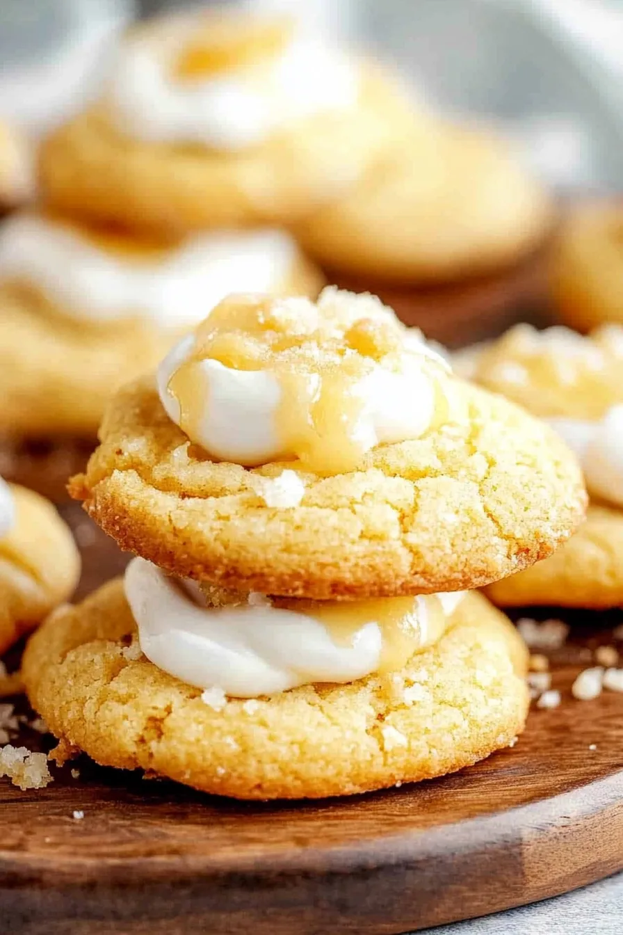 Stack of golden cookies with creamy frosting and caramel drizzle.