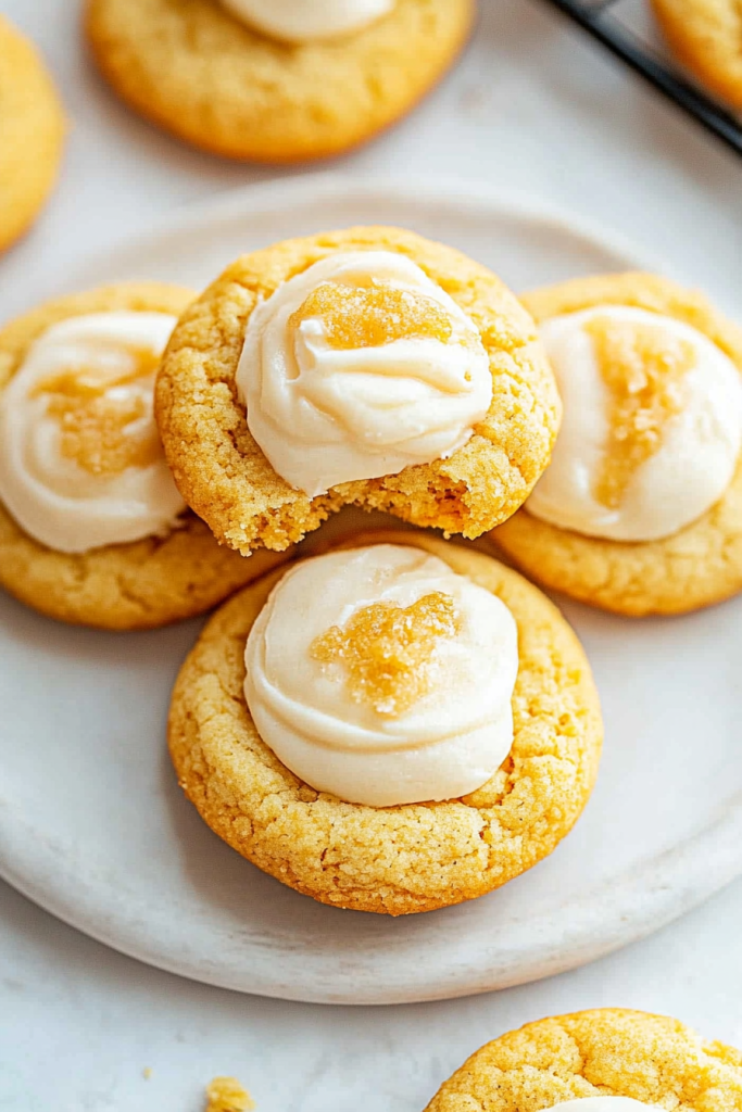 Golden brown cookies layered with cream and sprinkled crumbs.