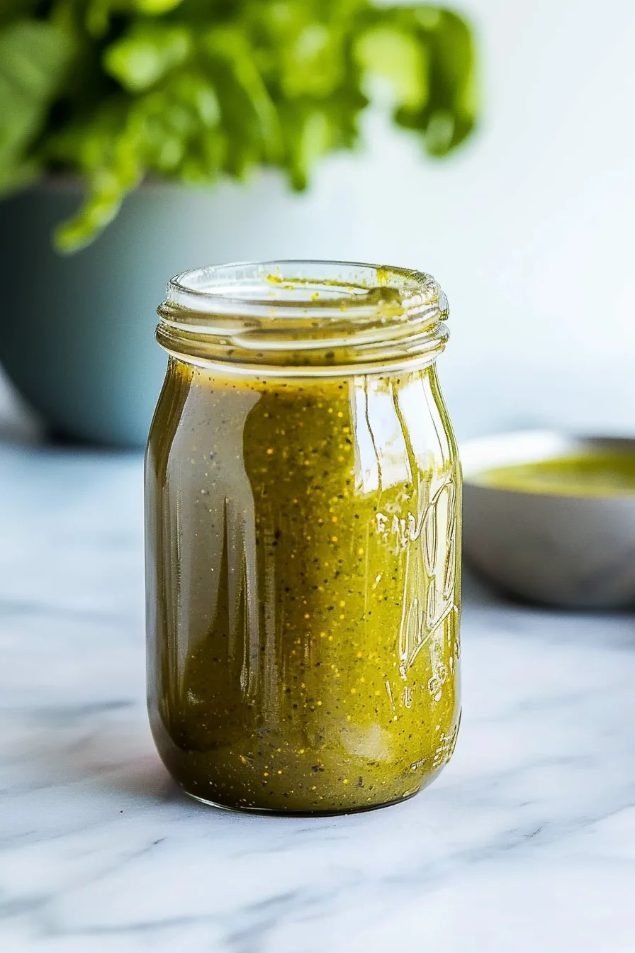 Glass jar filled with vibrant green sauce, styled with fresh herbs in the background.