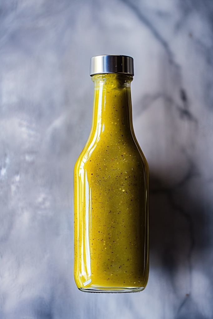Bright green condiment in a clear jar, placed on a neutral surface for contrast.