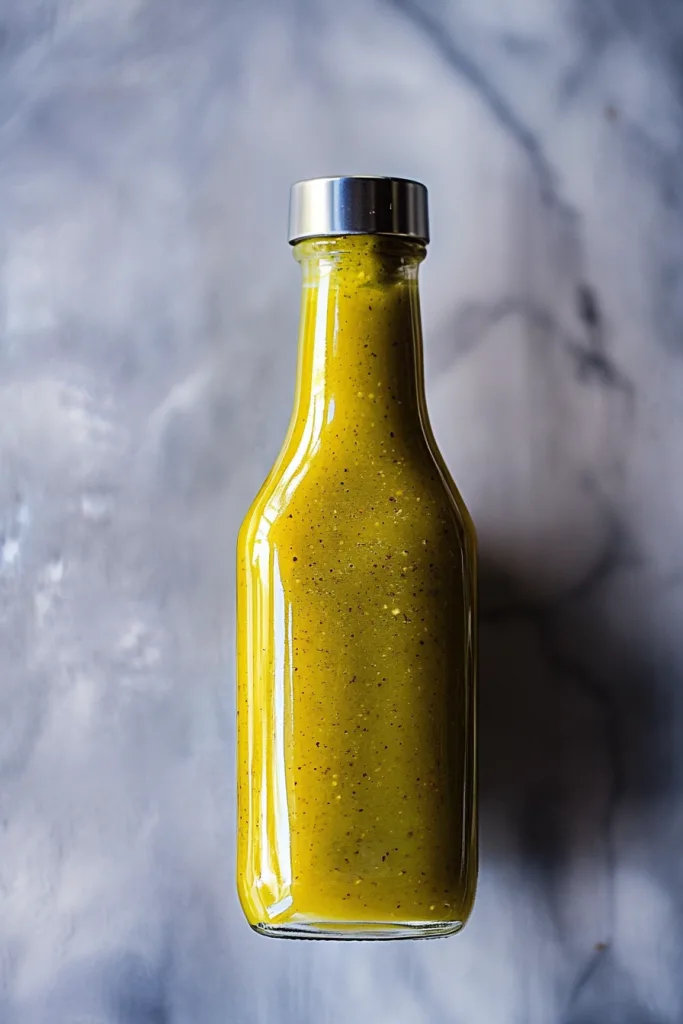 Bright green condiment in a clear jar, placed on a neutral surface for contrast.