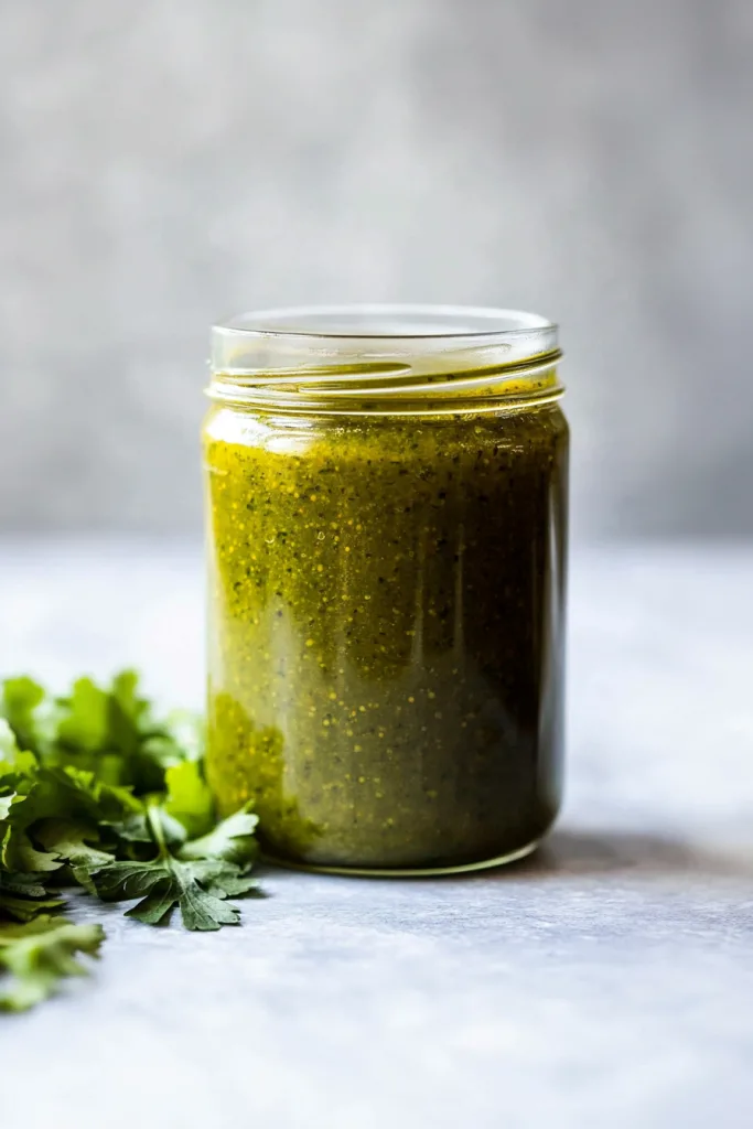 Final presentation of a green hot sauce jar with herbs nearby for garnish.