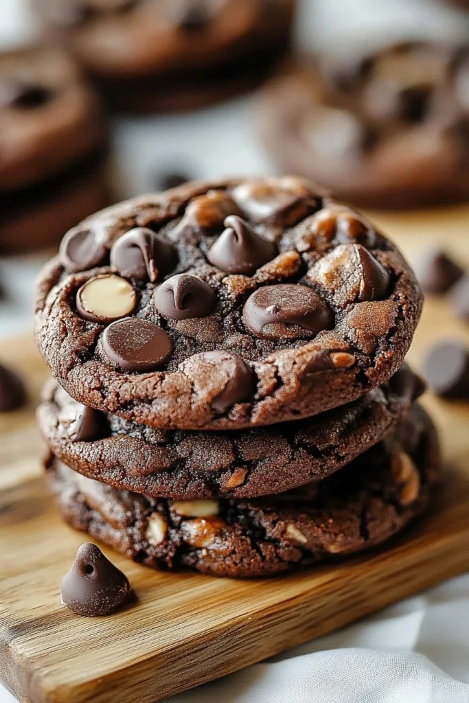 Stack of thick chocolate cookies with melted chips.