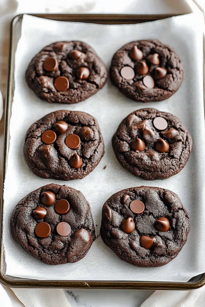 Tray of freshly baked dark chocolate cookies with chips and chunks.