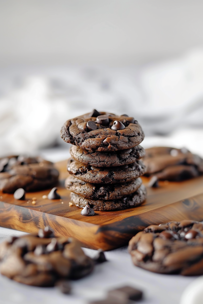 Freshly baked cookies scattered with extra chocolate pieces.