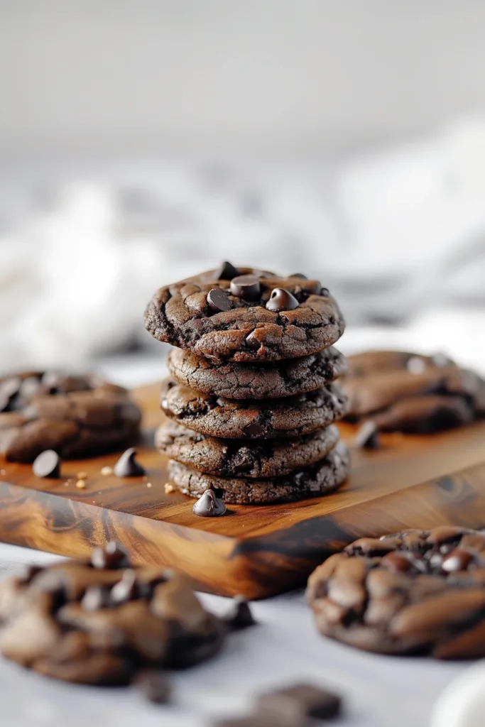 Freshly baked cookies scattered with extra chocolate pieces.