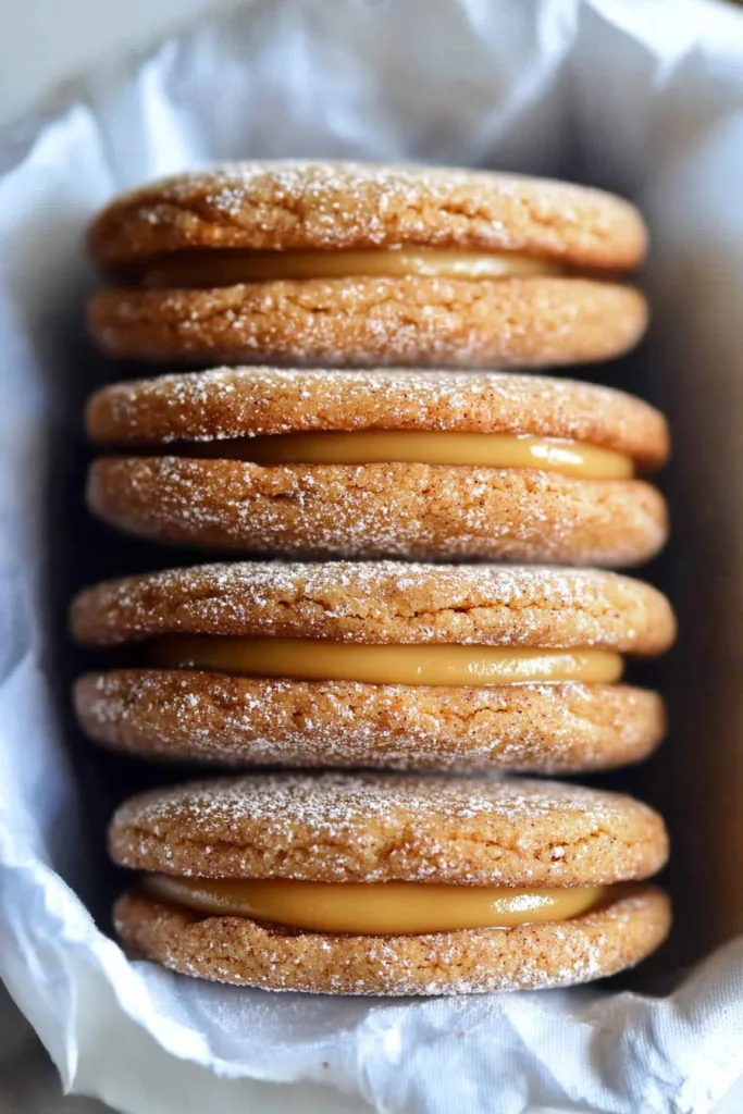 Golden sandwich cookies dusted with powdered sugar