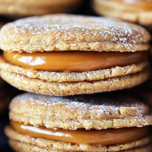 Stack of cookies showing glossy dulce de leche center