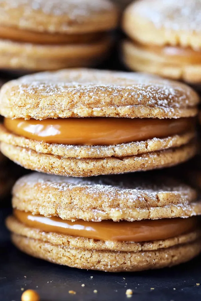 Stack of cookies showing glossy dulce de leche center