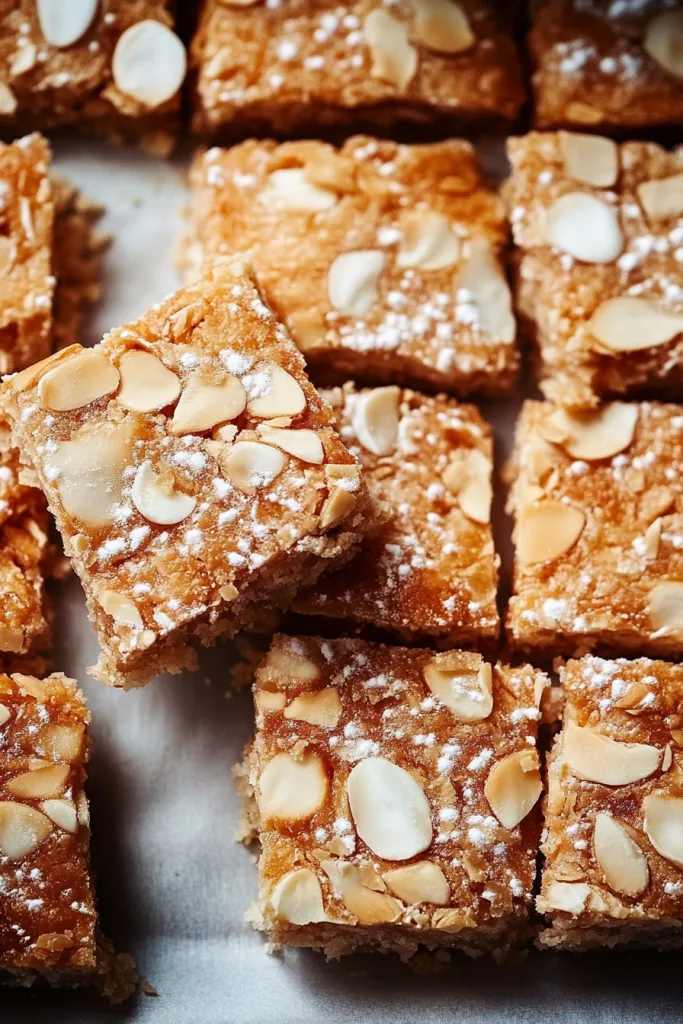 Golden square cookie bars topped with sliced almonds and powdered sugar.