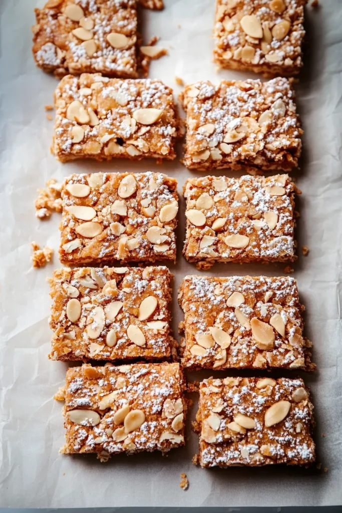 Freshly baked almond blondies arranged neatly together.