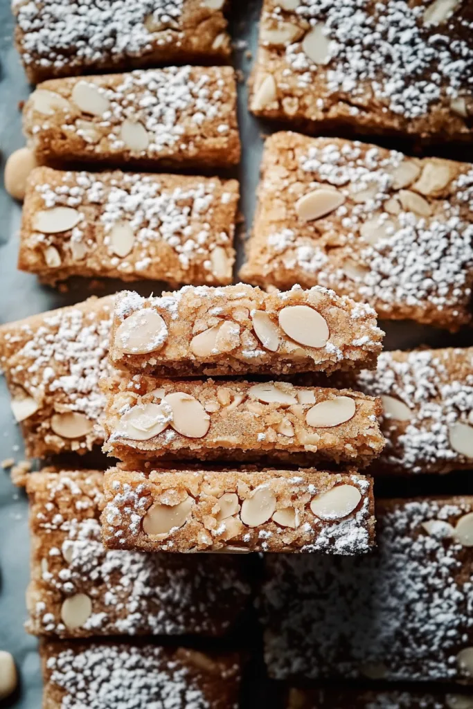 Rustic cookie bars showing golden crust and light dusting of sugar.