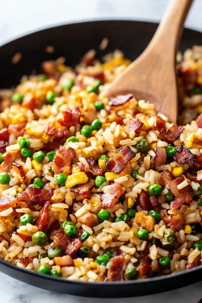 Pan of fried rice with peas, corn, and crispy bacon.