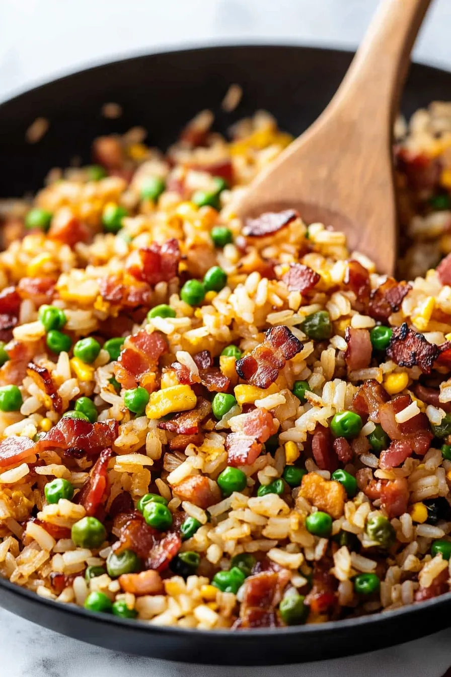 Pan of fried rice with peas, corn, and crispy bacon.