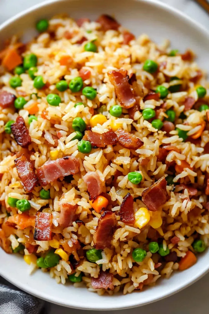 Easy Bacon Fried Rice presented with vegetables and bacon.