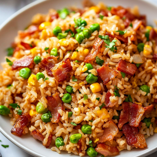 Colorful mix of vegetables and bacon pieces in freshly cooked rice.