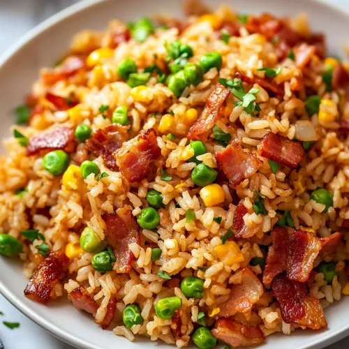 Colorful mix of vegetables and bacon pieces in freshly cooked rice.