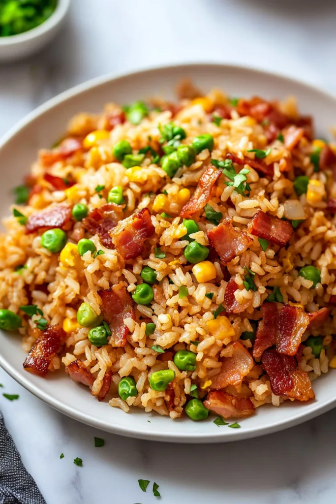 Colorful mix of vegetables and bacon pieces in freshly cooked rice.