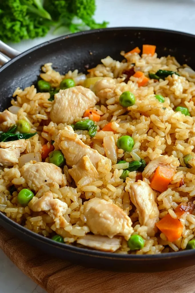 Hearty rice dish highlighting tender chicken pieces and bright peas.