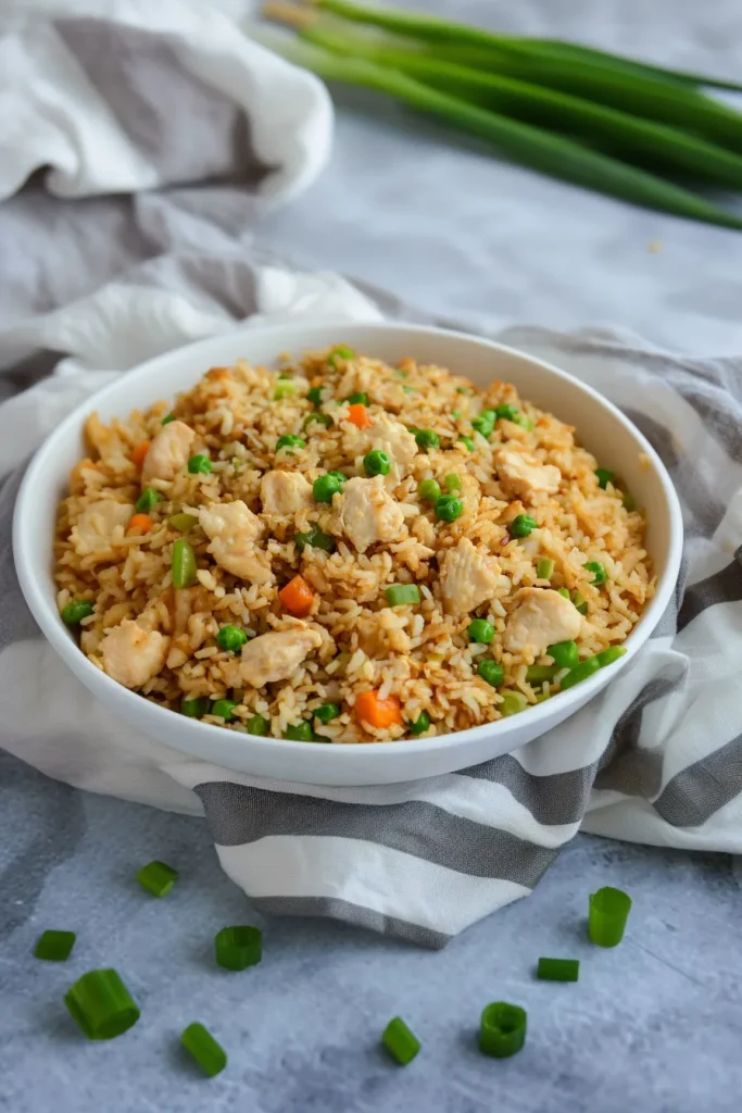 Golden fried rice mixed with chicken, peas, carrots, and corn.