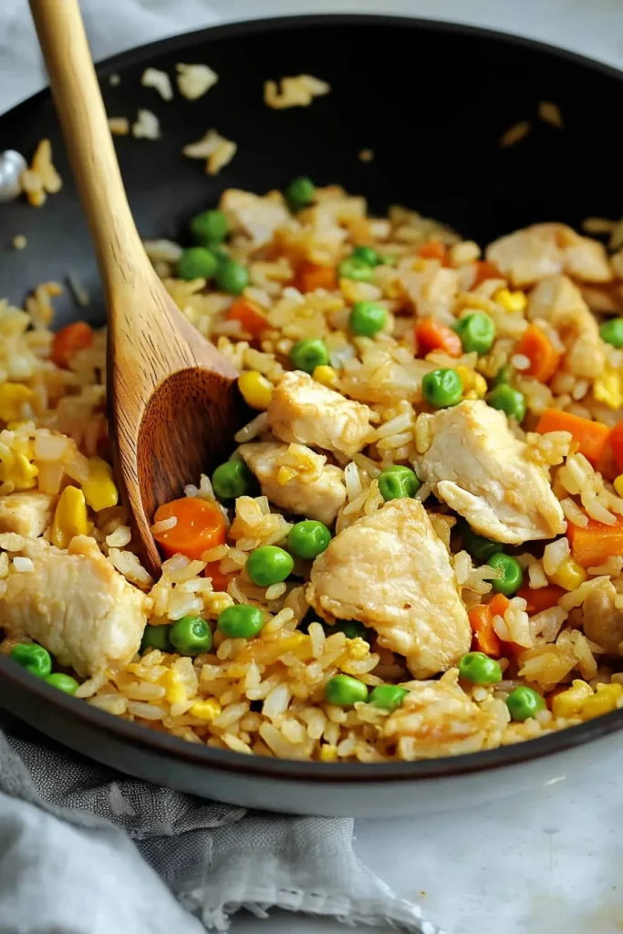 Savory rice stir-fry featuring chicken, carrots, and corn kernels.