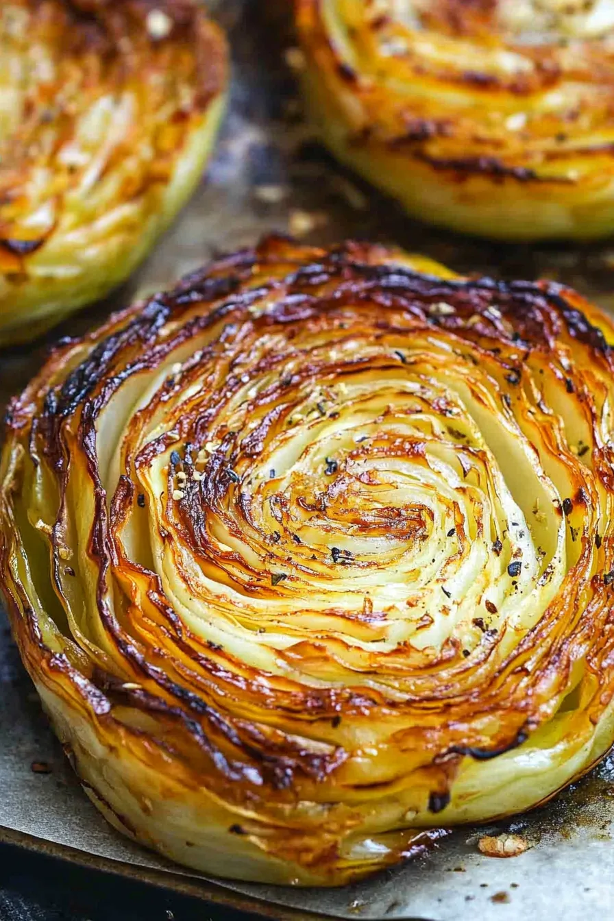 Close-up of tender cabbage layers, charred on the outside and soft in the center.
