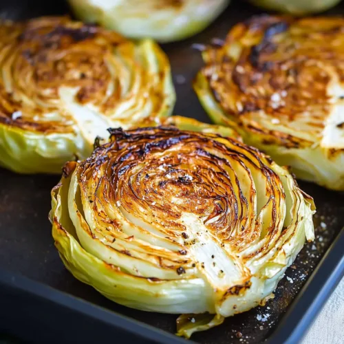 Golden-brown cabbage slices with crisp, caramelized edges resting in a roasting pan.
