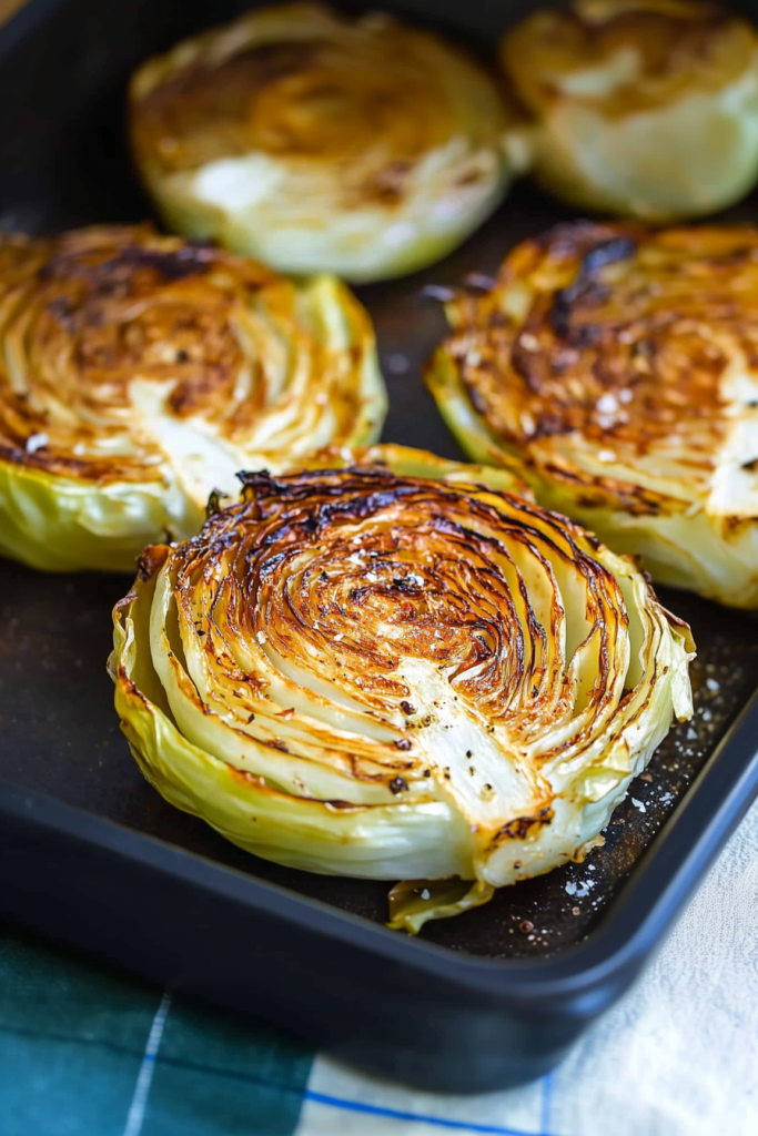 Golden-brown cabbage slices with crisp, caramelized edges resting in a roasting pan.