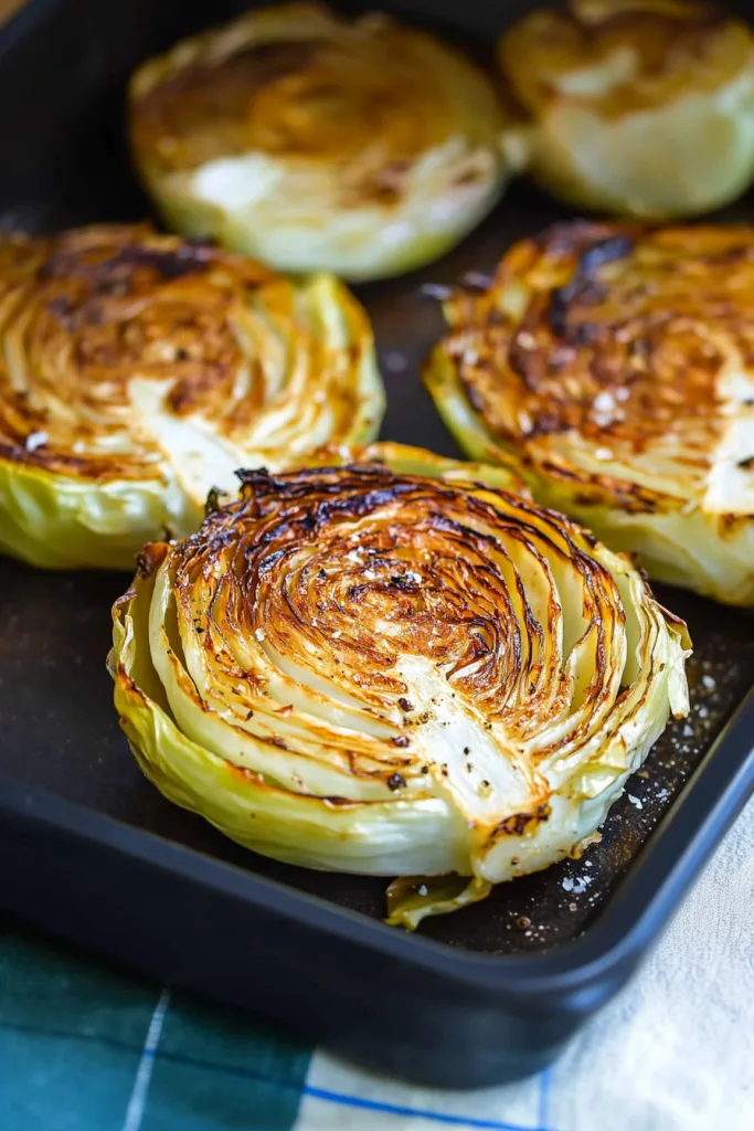 Golden-brown cabbage slices with crisp, caramelized edges resting in a roasting pan.