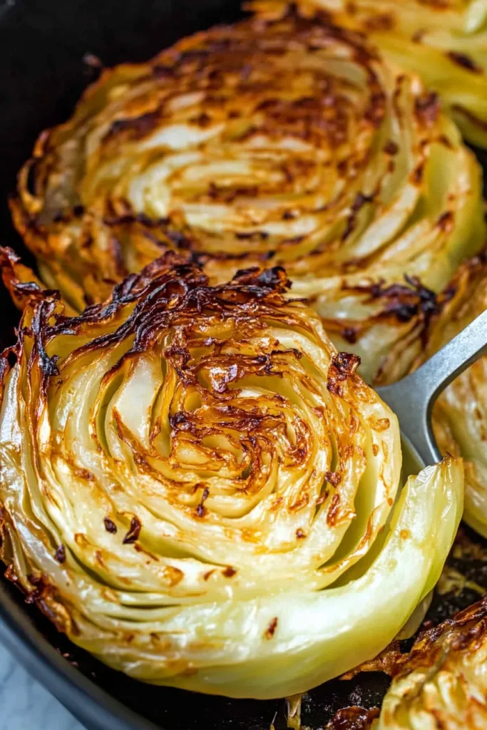 A spatula lifting a roasted cabbage steak, showing its browned surface and layered texture.