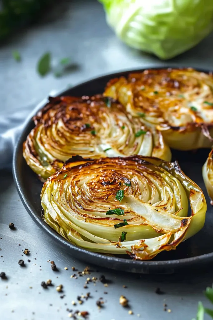Pan of evenly roasted cabbage rounds, edges slightly crisp and centers glistening.