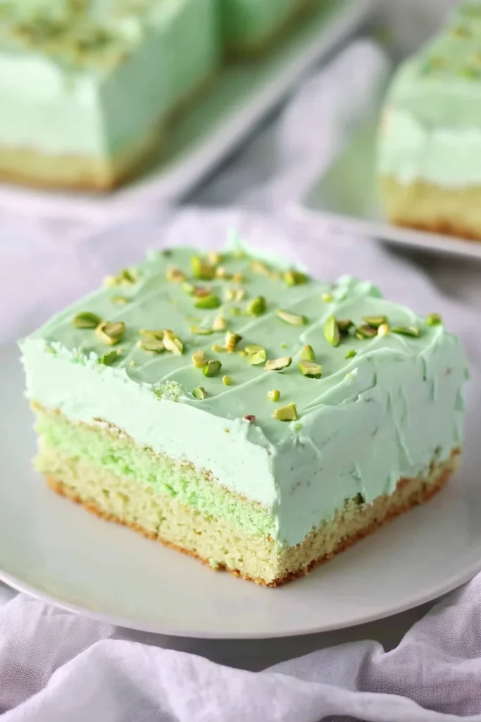 Final shot of Easy Pistachio Pineapple Cake, featuring vibrant green topping and moist sponge.