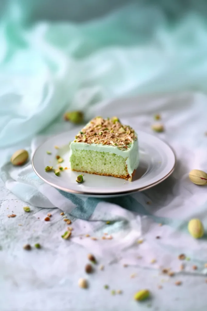 Plated dessert slice with pastel green frosting and crunchy nut garnish.
