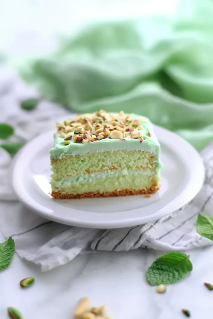 Slice of light sponge cake topped with pale green frosting and chopped pistachios.