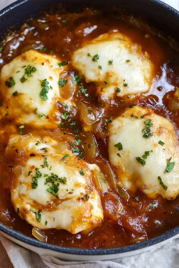 Golden chicken with thick onion sauce highlighting rustic presentation.