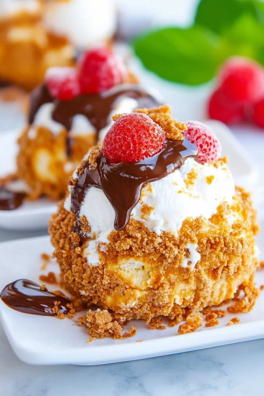 Scoop of ice cream coated in a golden crust, drizzled with chocolate sauce and topped with raspberries.