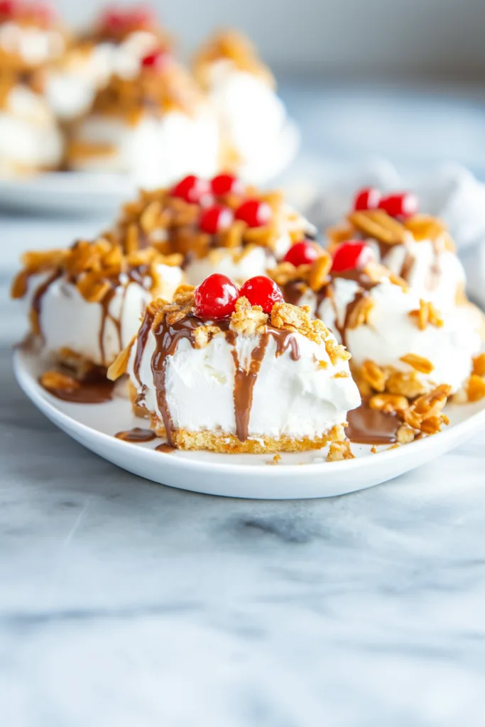 Final presentation of a crispy-coated ice cream scoop served with chocolate sauce on a white plate.