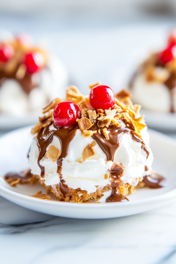 Close-up of a crunchy dessert shell surrounding creamy ice cream, finished with rich chocolate drizzle.