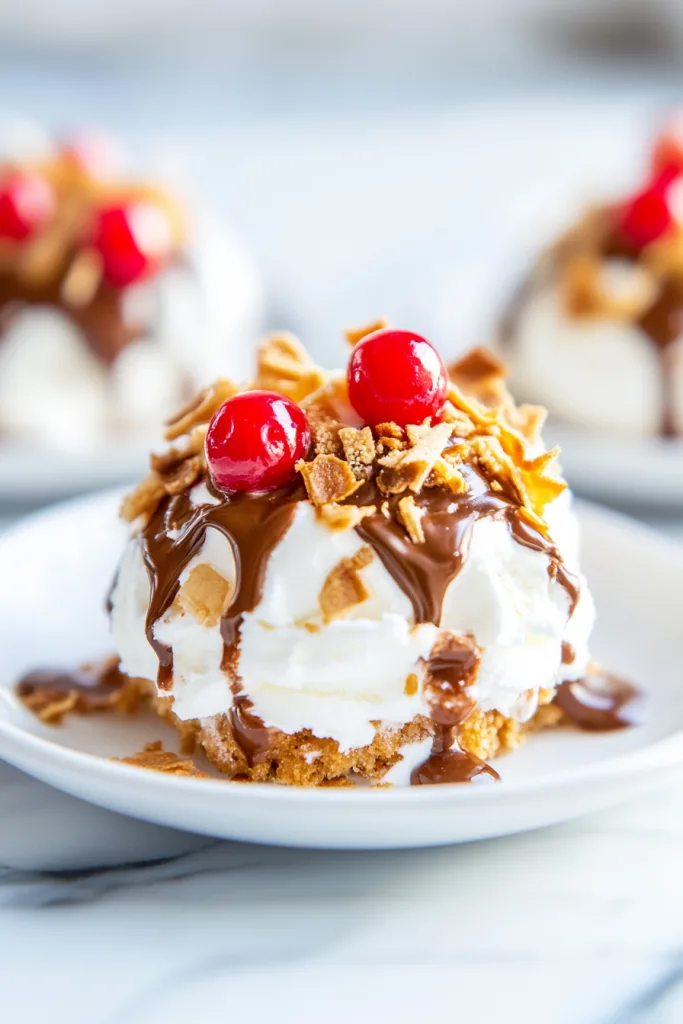 Close-up of a crunchy dessert shell surrounding creamy ice cream, finished with rich chocolate drizzle.