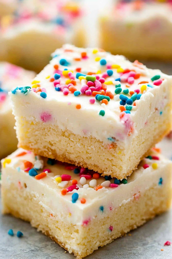 Stack of golden cookie bars topped with creamy white frosting.