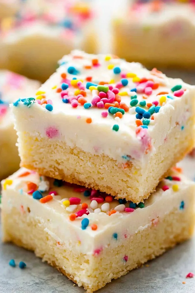Stack of golden cookie bars topped with creamy white frosting.