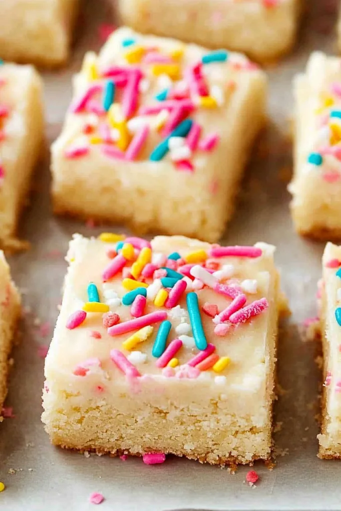 Frosted Sugar Cookie Bars presented with smooth icing and sprinkles.