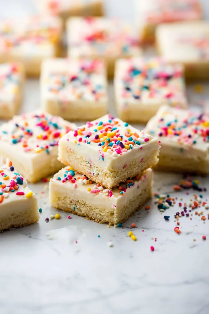 Festive cookie bars styled with bright sprinkles on top.